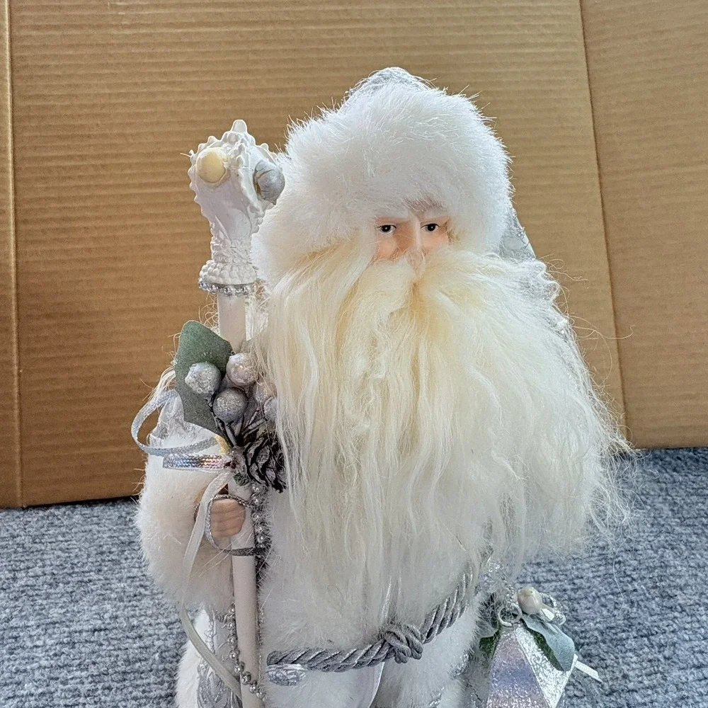 Vintage Old World Santa Tree Topper White Silver Fur Trim Holiday Decor Figurine